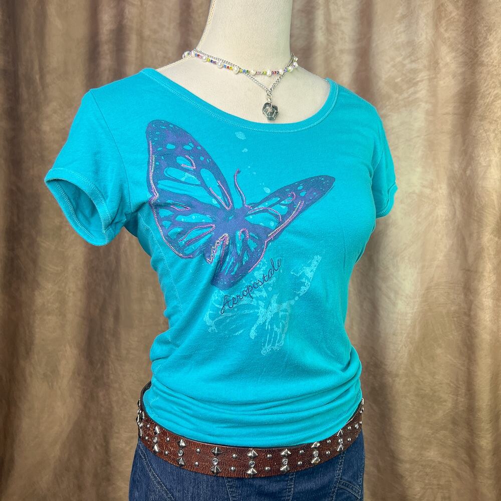 Y2K Aeropostale T-Shirt Butterfly Embroidered Blue Fitted Top Cap Sleeve Fairy